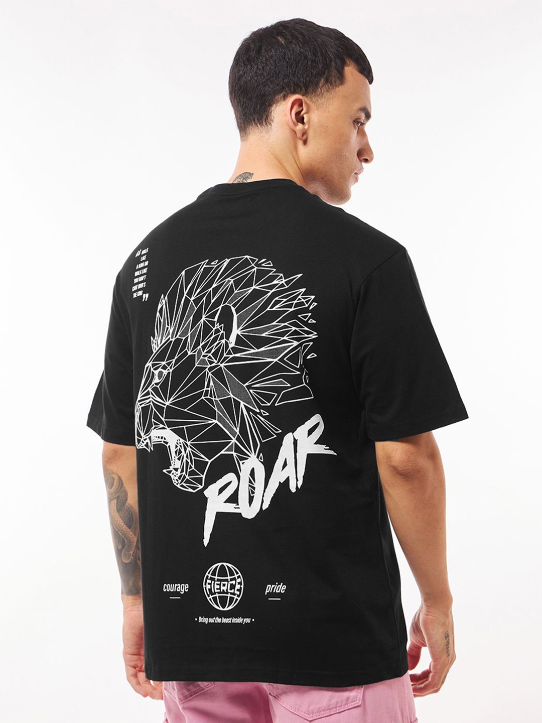 

Bewakoof Men Graphic Printed Round Neck Cotton Oversized T-Shirt, Black