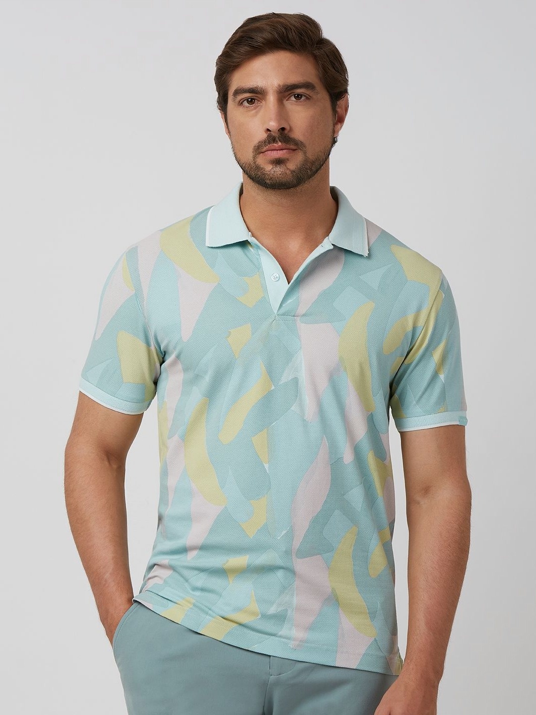 

Mufti Men Abstract Printed Polo Collar Cotton Slim Fit T-shirt, Green