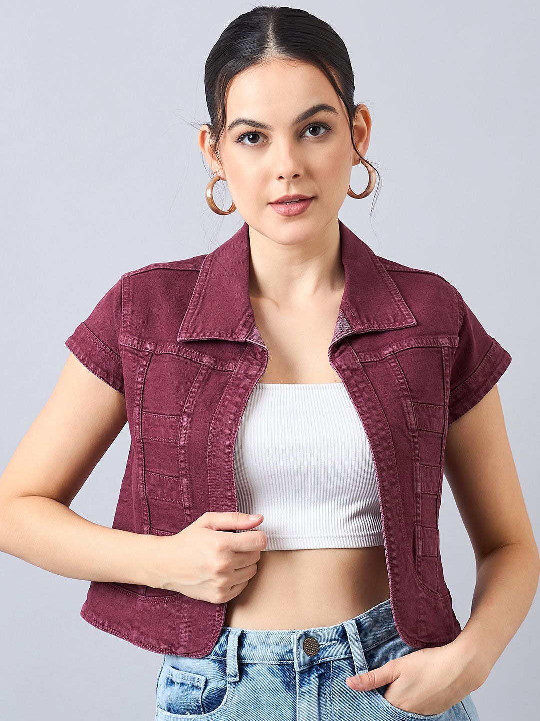 

Style Quotient Paneled Cotton Denim Shrug, Maroon