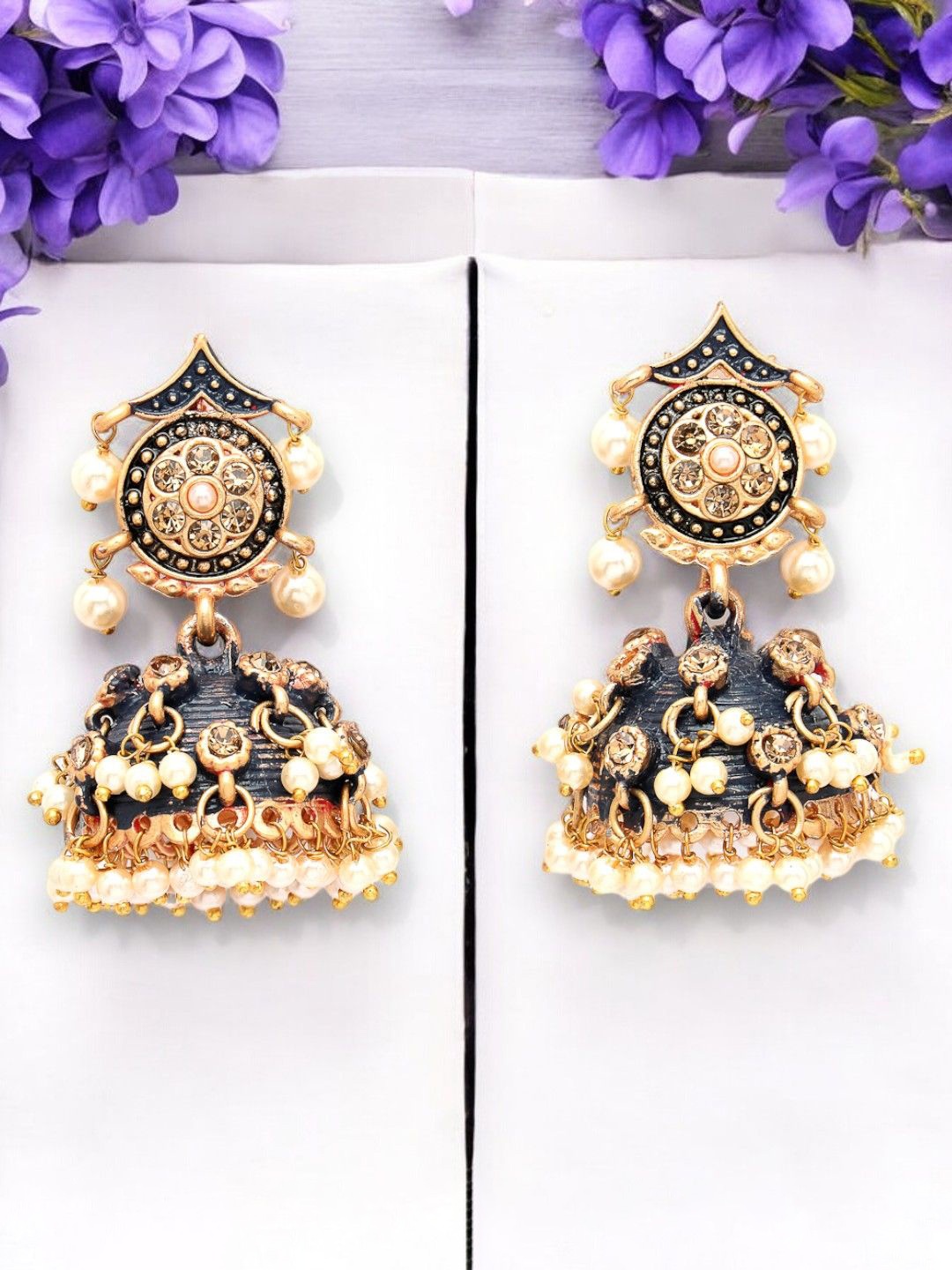 

ADIVA Gold-Plated Stones Studded & Pearls Beaded Dome Shaped Jhumkas