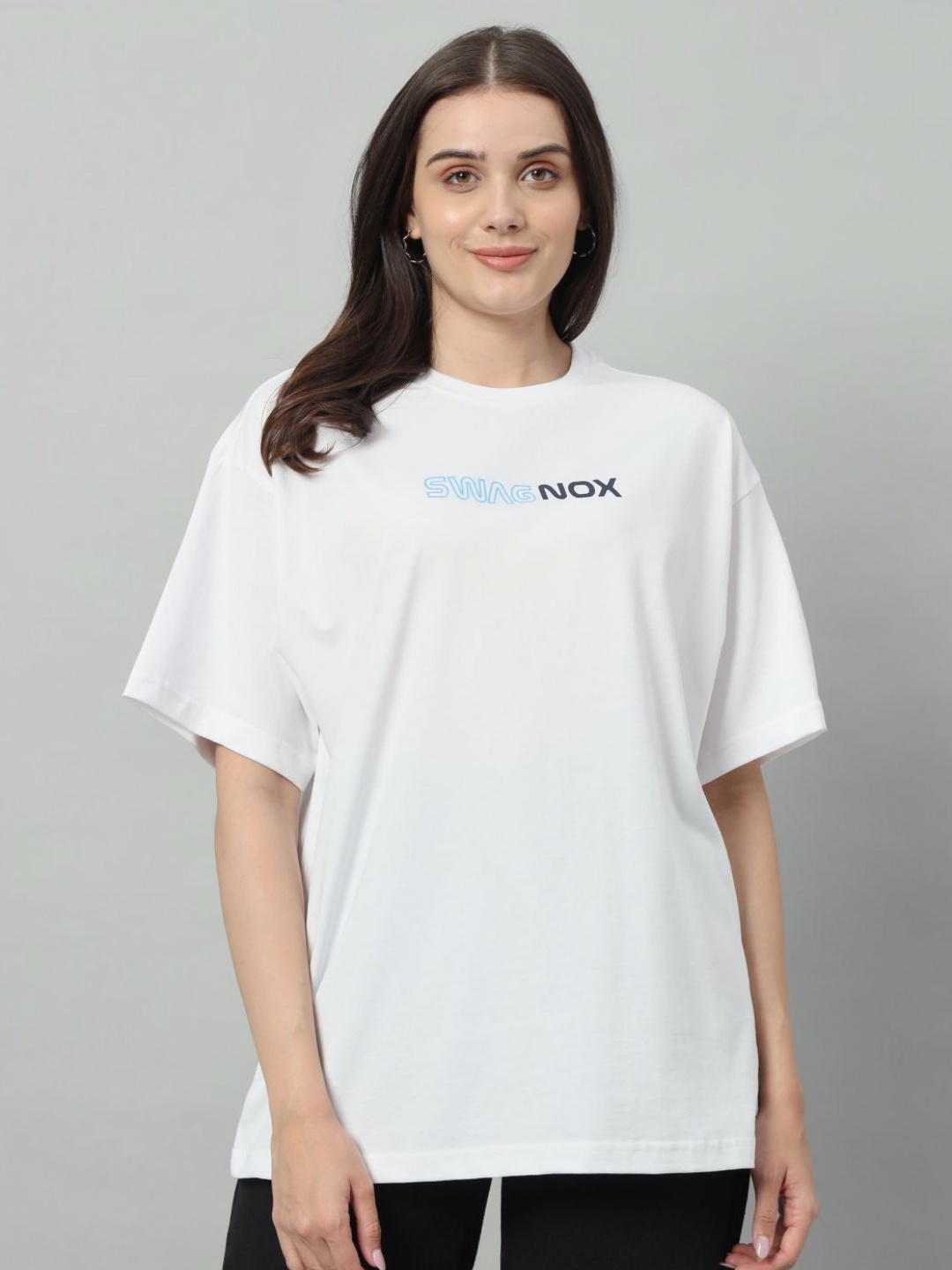 

SWAGNOX Women Typography Printed Round Neck Cotton Oversized T-shirt, White