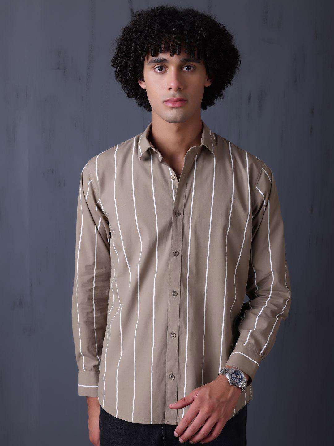 

FILO HEVIS Men Classic Opaque Striped Casual Shirt, Khaki