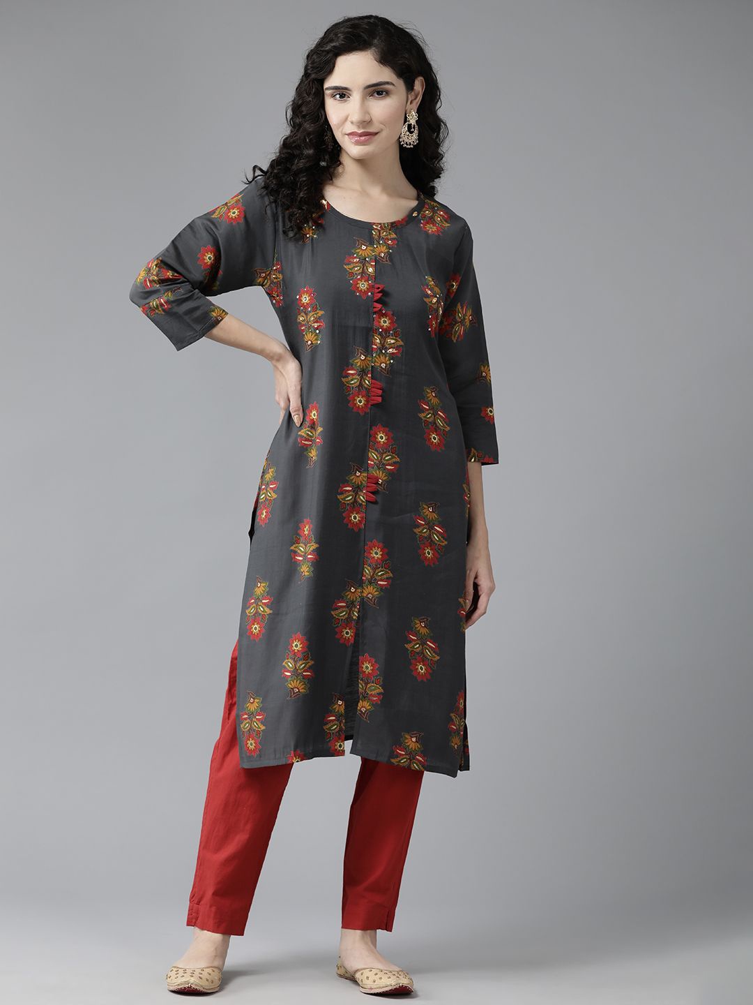 

BAESD Floral Printed Sequins Straight Kurta, Grey