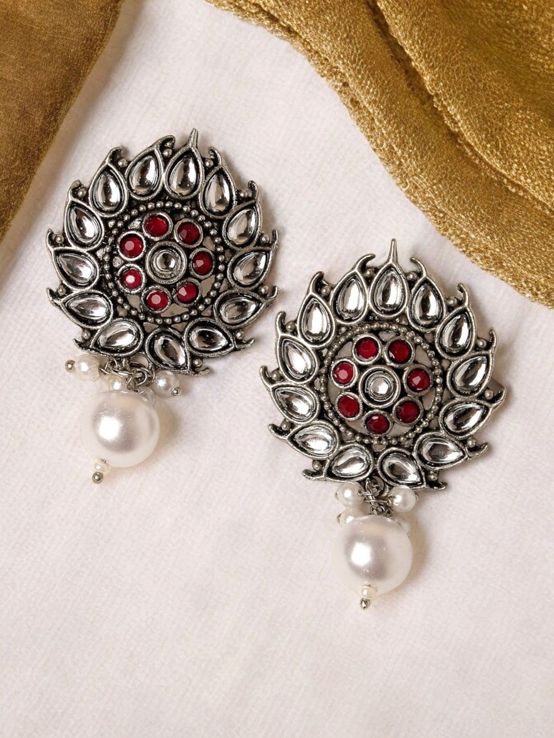 

ADIVA Silver-Plated Kundan Stone-Studded Pearl Oxidised Drop Earrings