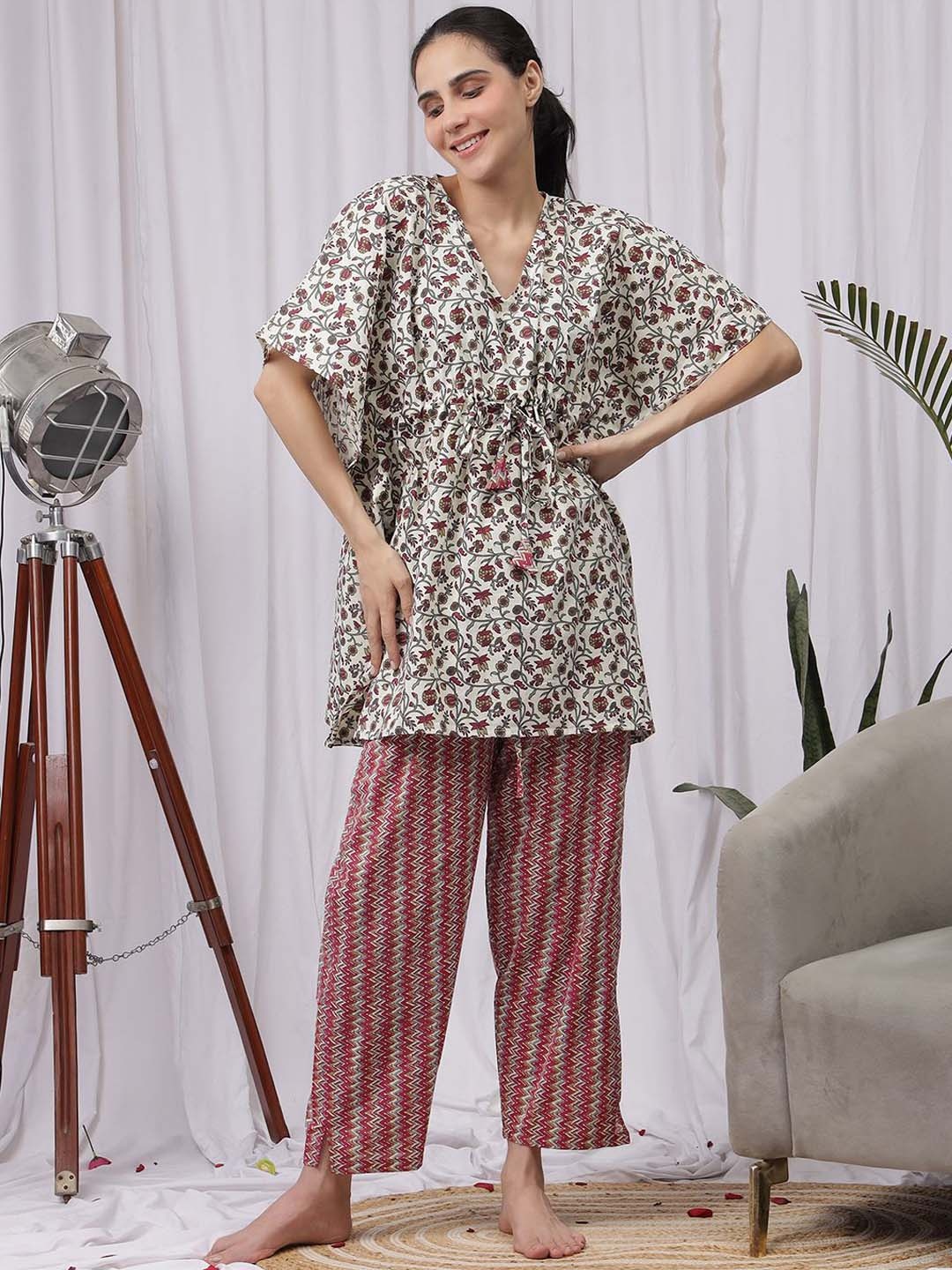 

NEUDIS Women V-Neck Cotton Printed Kaftan Night suit Set, White