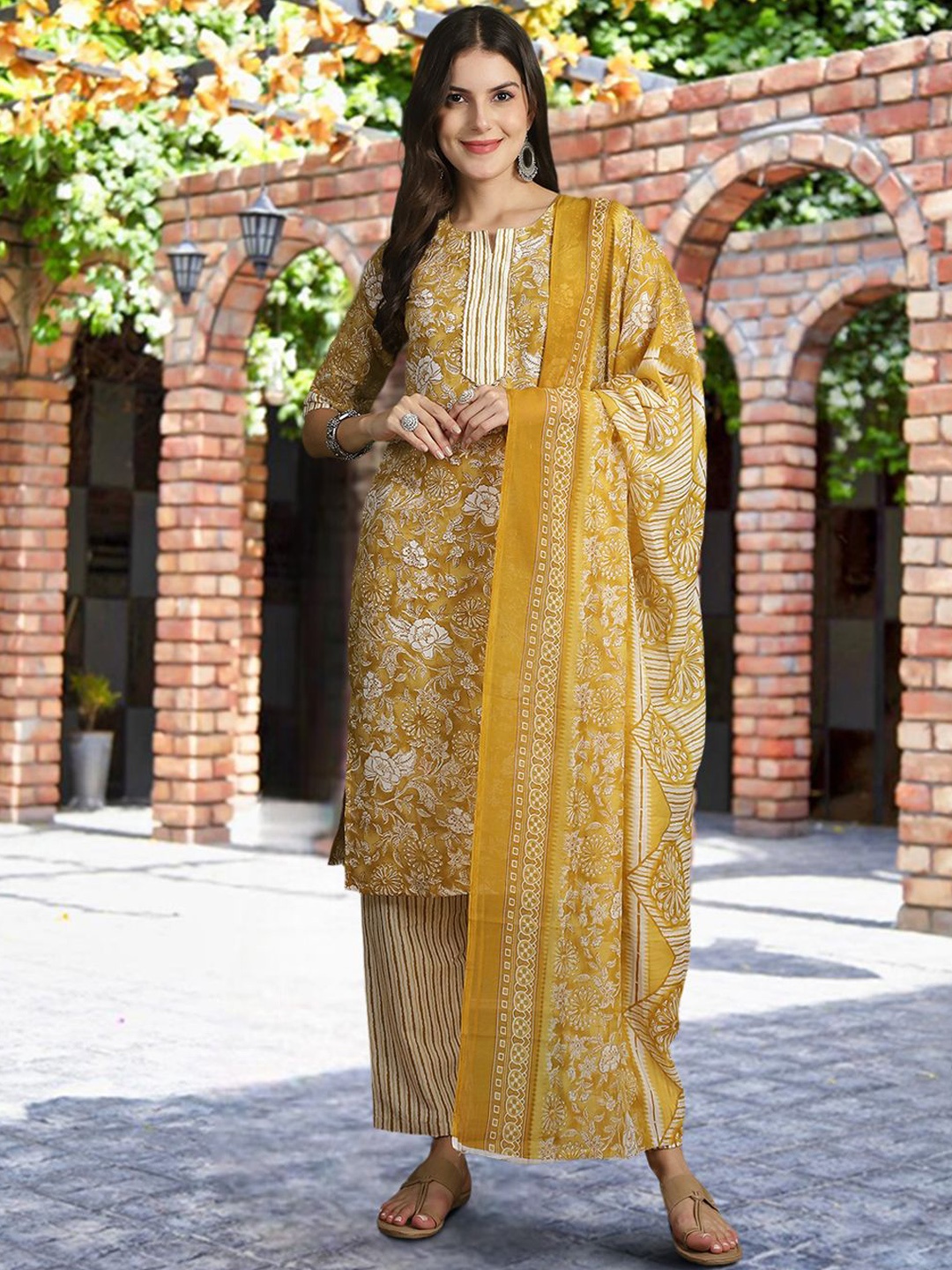 

7Threads Floral Printed Pure Cotton Straight Kurta with Trousers & Dupatta, Mustard