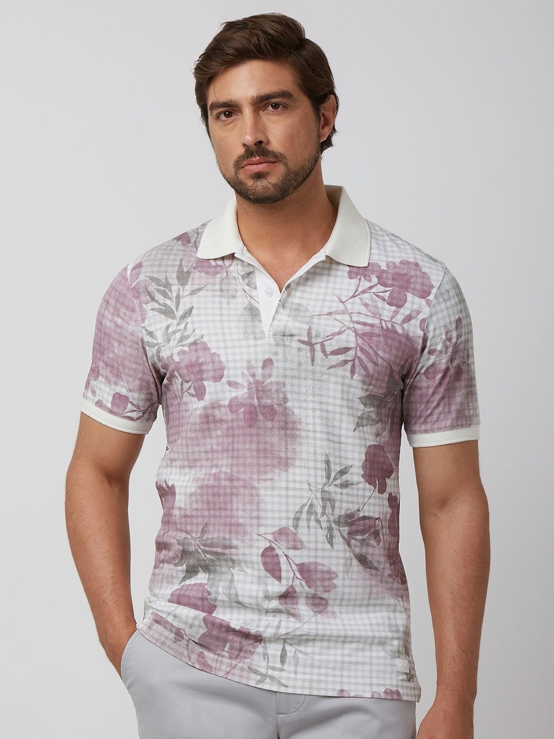 

Mufti Men Floral Printed Polo Collar Cotton Slim Fit T-shirt, Pink