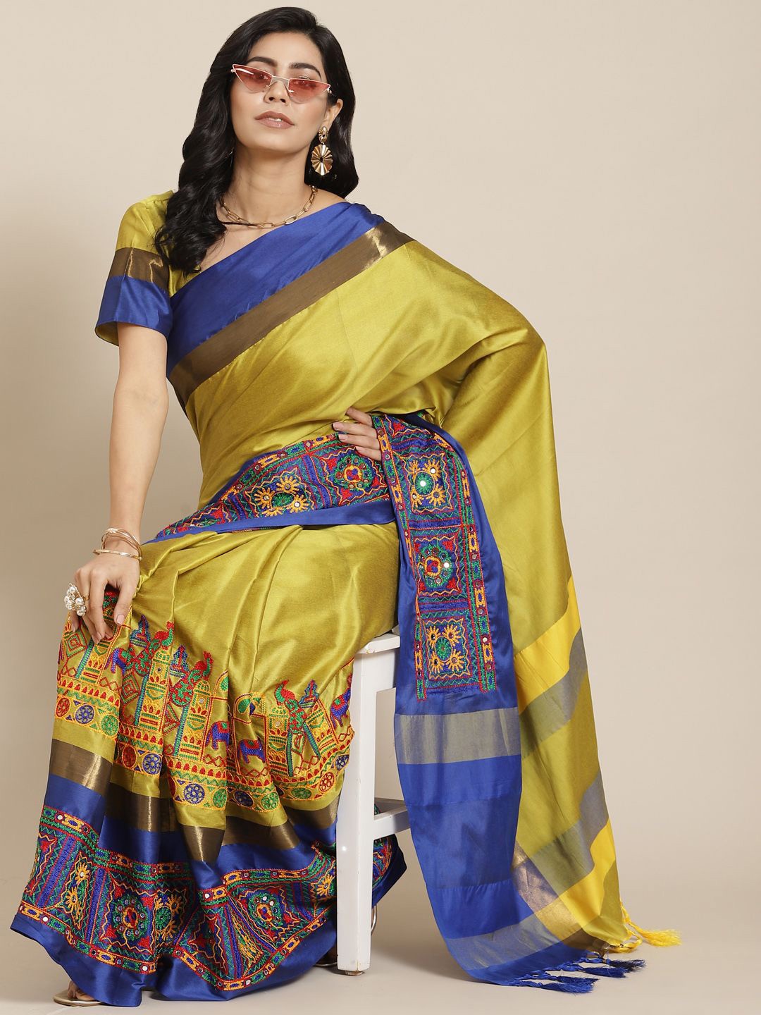 

KALINI Ethnic Motifs Embroidered Mirror Work Saree, Yellow