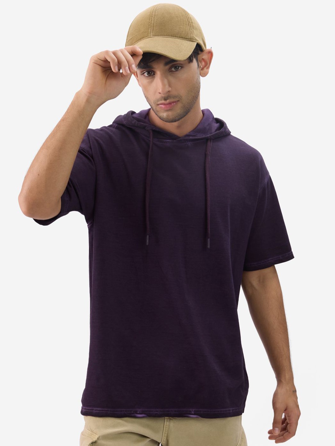 

The Souled Store Men Solid Hood Cotton Oversized T-Shirt, Purple