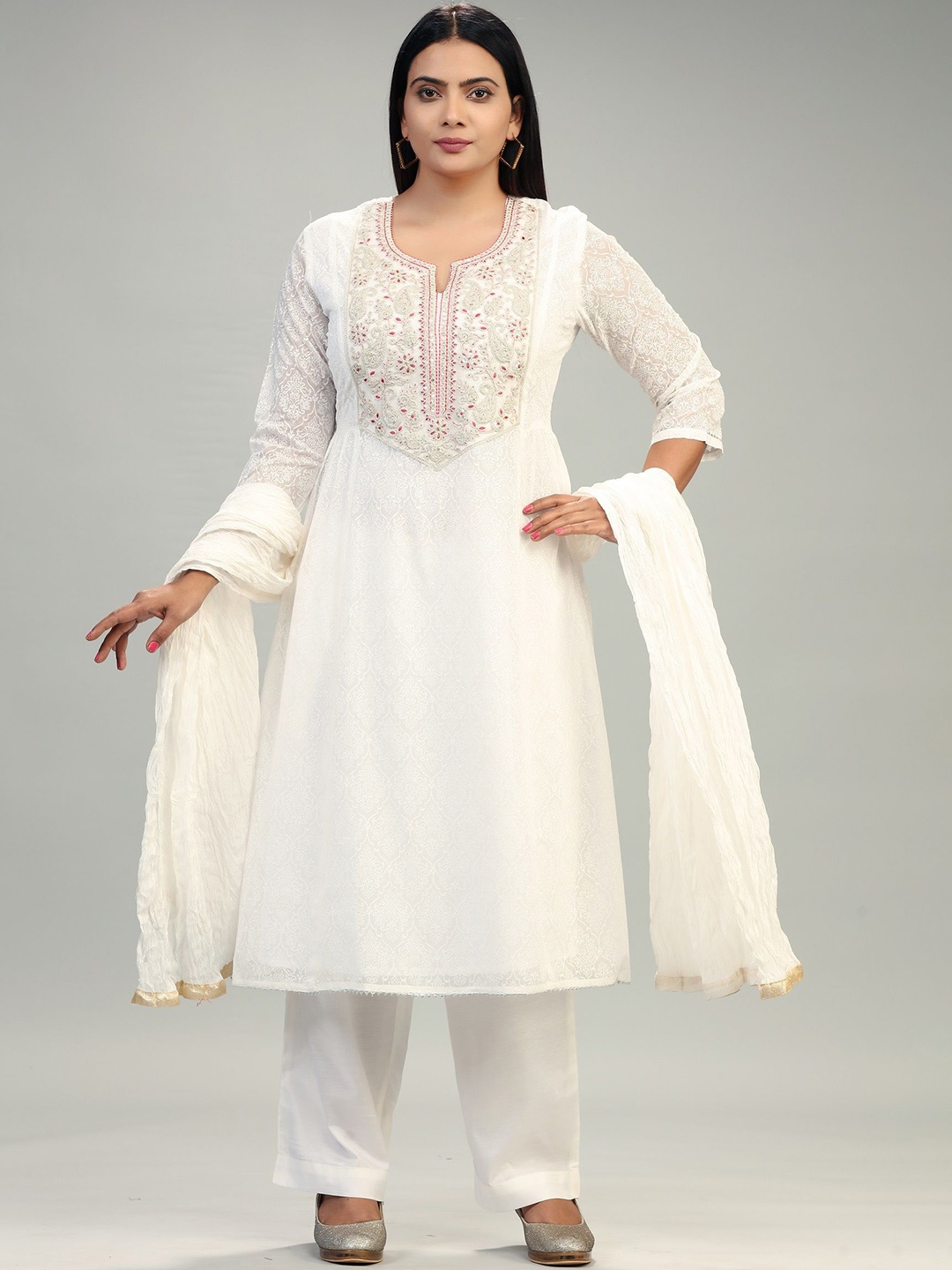 

COTTON CULTURE Floral Embroidered Pure Cotton Straight Kurta With Trouser & Dupatta, White