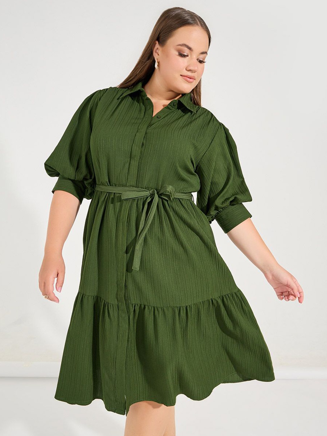 

Styli Women Plus Size Balloon Sleeve Shirt Knee Length Dress With Belt, Olive