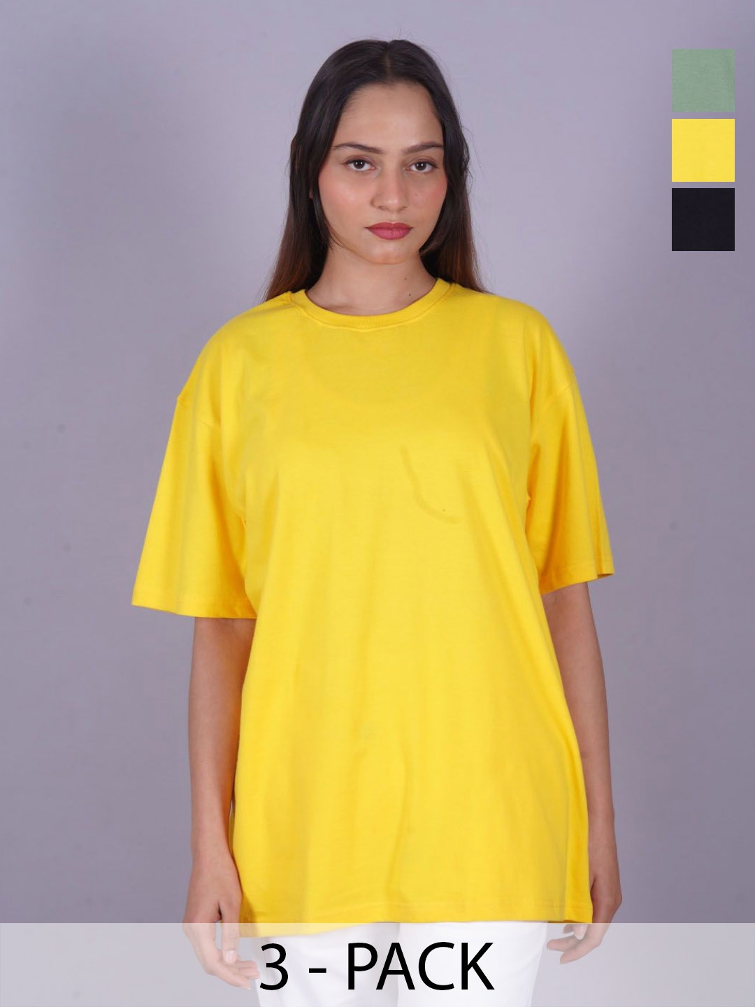 

VYVE Women Pack Of 3Round Neck Solid T-shirts, Yellow