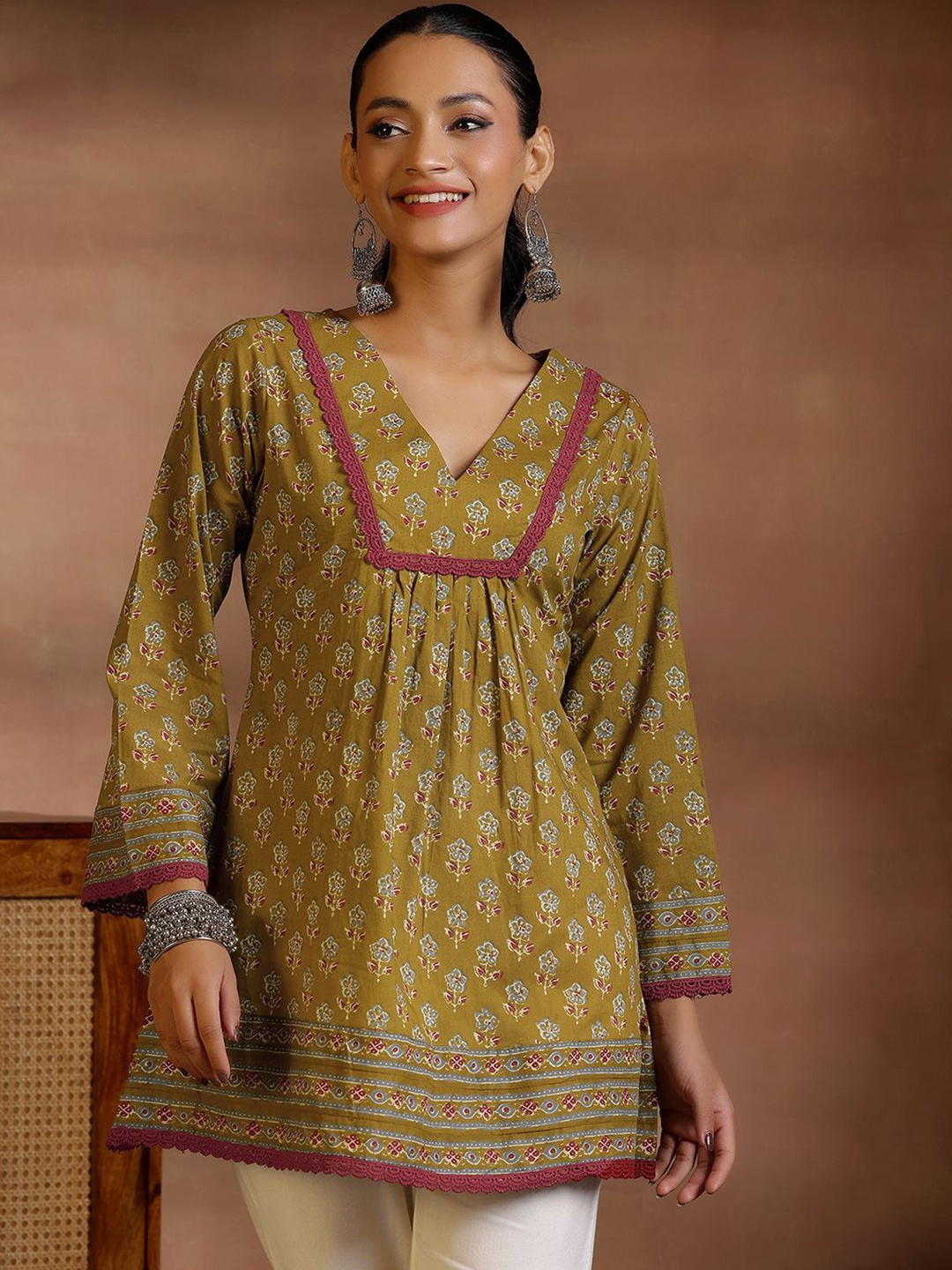 

Libas Floral Printed V-Neck Flared Sleeves Pure Cotton Pleated Kurti, Olive