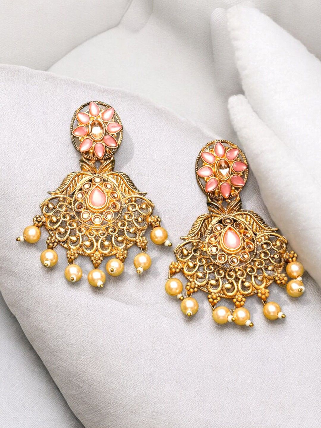 

ADIVA Gold Plated Stone Studded & Pearl Beaded Contemporary Antique Drop Earrings