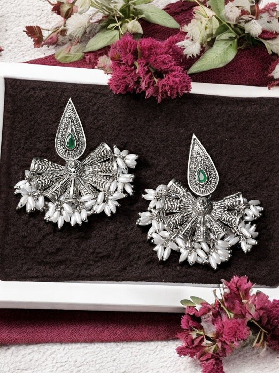 

ADIVA Silver-Plated Stones Studded & Pearls Beaded Oxidised Floral Drop Earrings