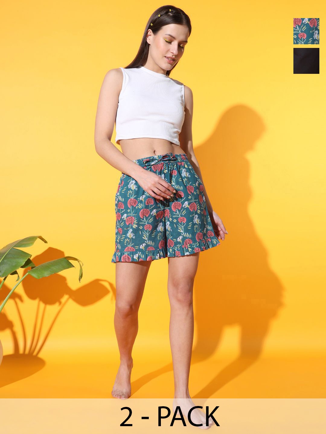 

MBeautiful Women Pack Of 2 Printed Organic Cotton Lounge Shorts, Green