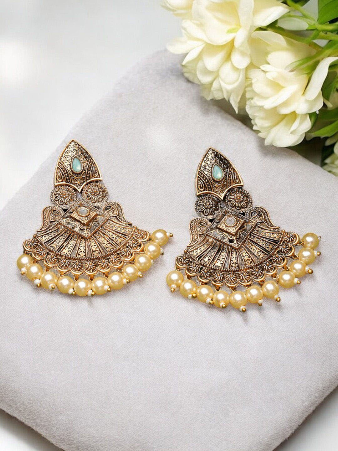 

ADIVA Gold-Plated Pearls Antique Classic Drop Earrings