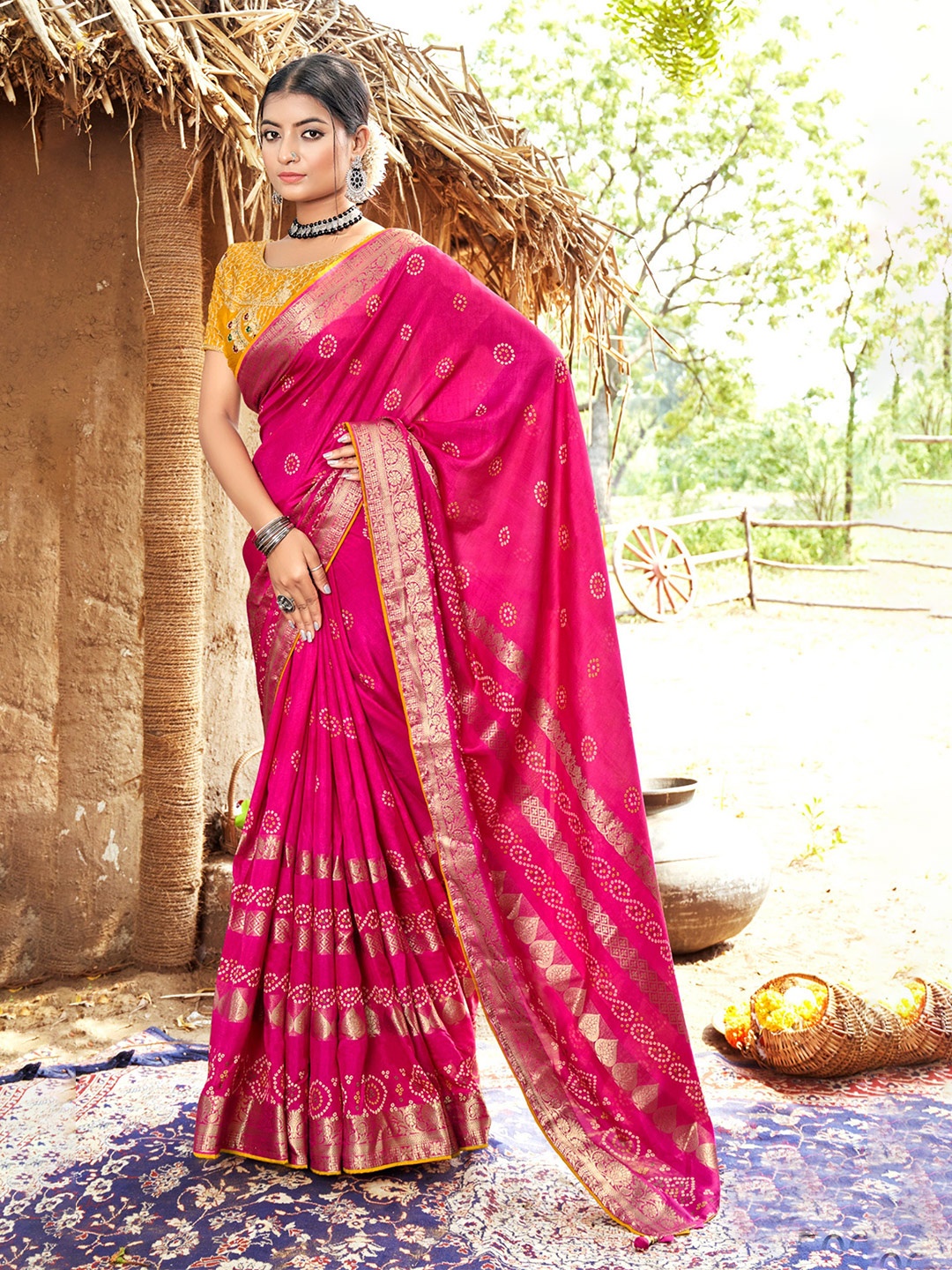 

VIRICA Bandhani Printed Zari Pure Silk Saree, Pink