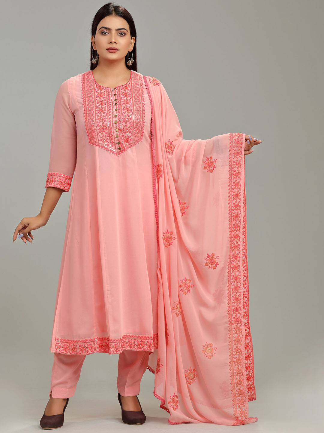 

COTTON CULTURE Floral Yoke Design Thread Work Georgette Kurta with Trousers & Dupatta, Pink