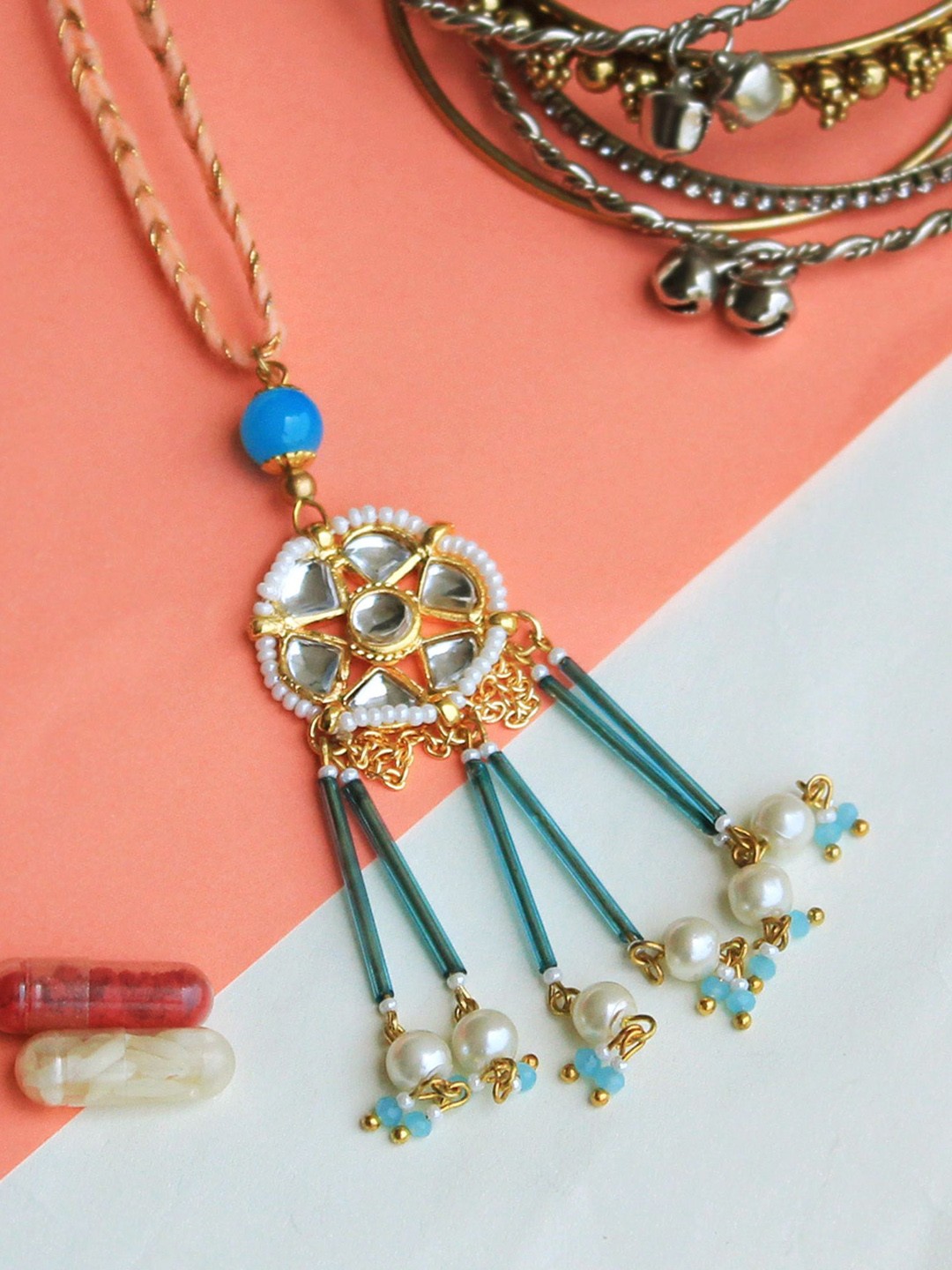 

BeAbhika Kundan Studded Lumba Rakhi With Roli Chawal, Gold