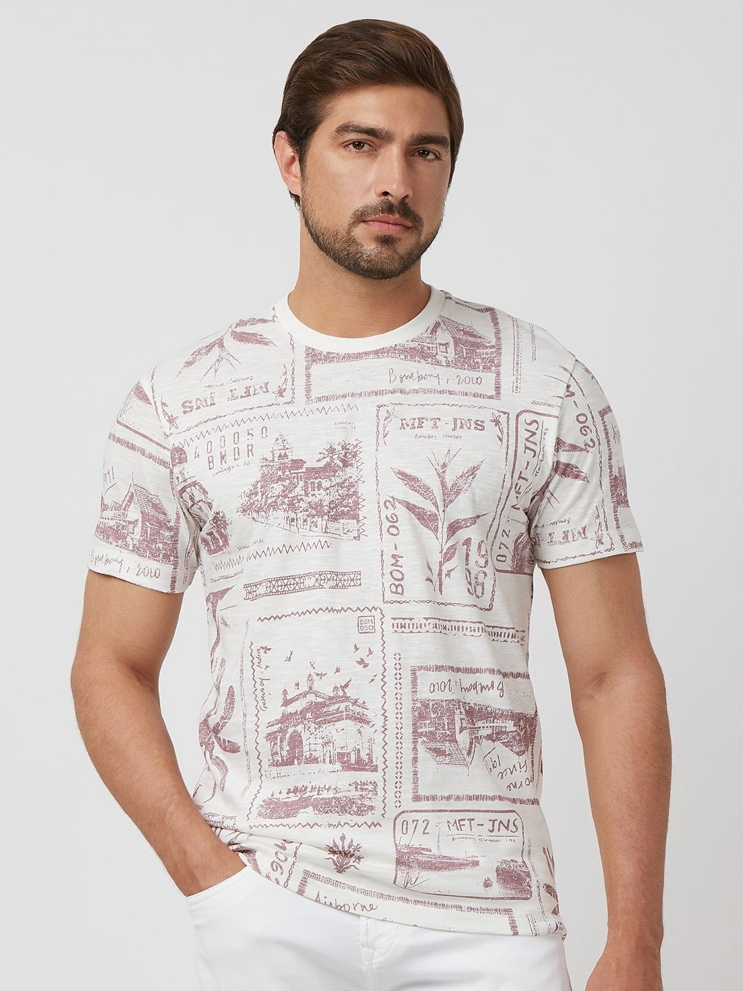 

Mufti Men Floral Printed Raw Edge Slim Fit T-shirt, Off white