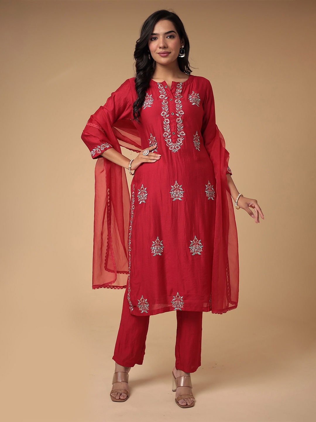 

ZARI Floral Embroidered Straight Kurta With Trouser & Dupatta, Red