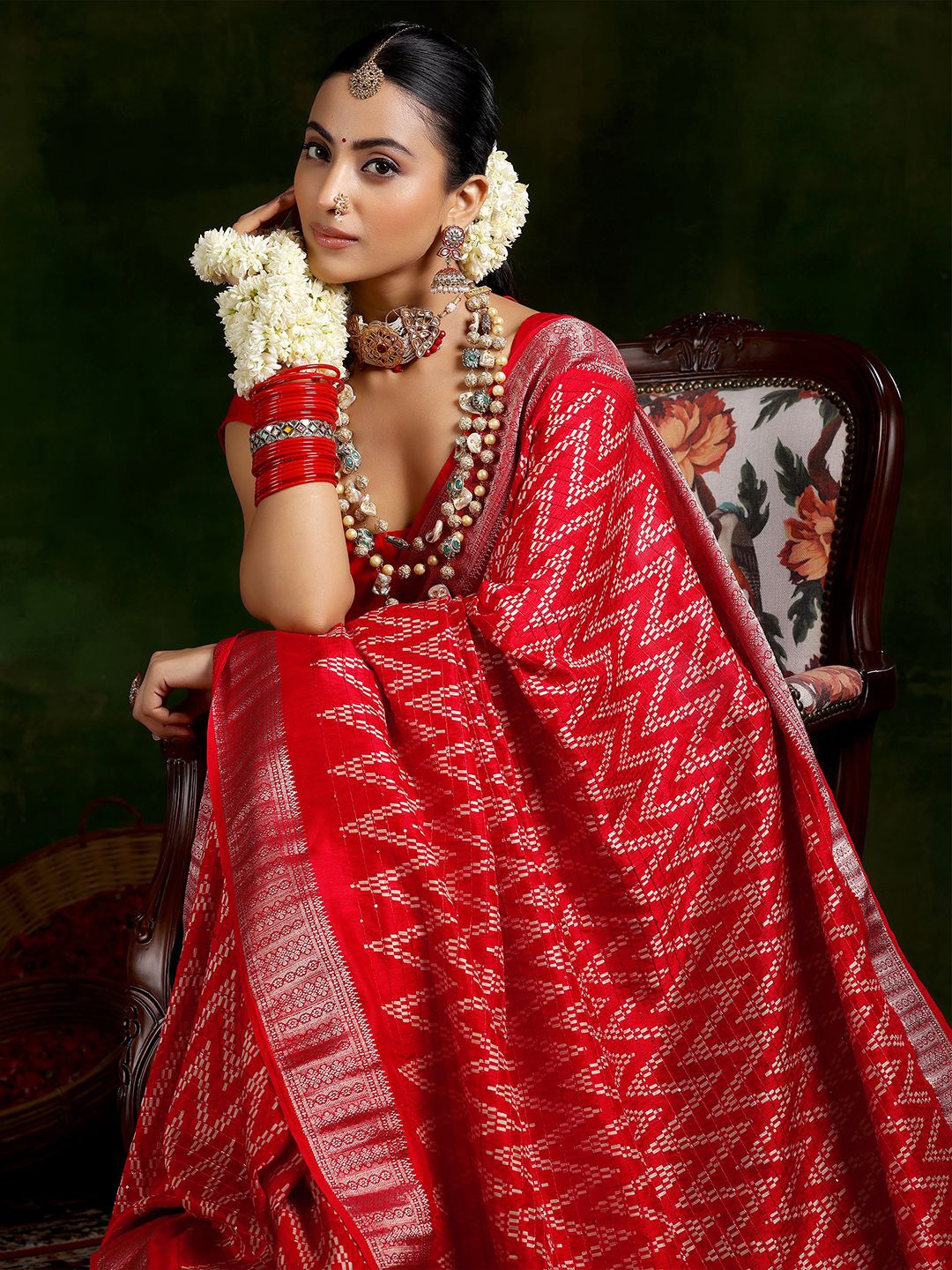 

Libas chevron printed pintuck saree with tassel border, Red