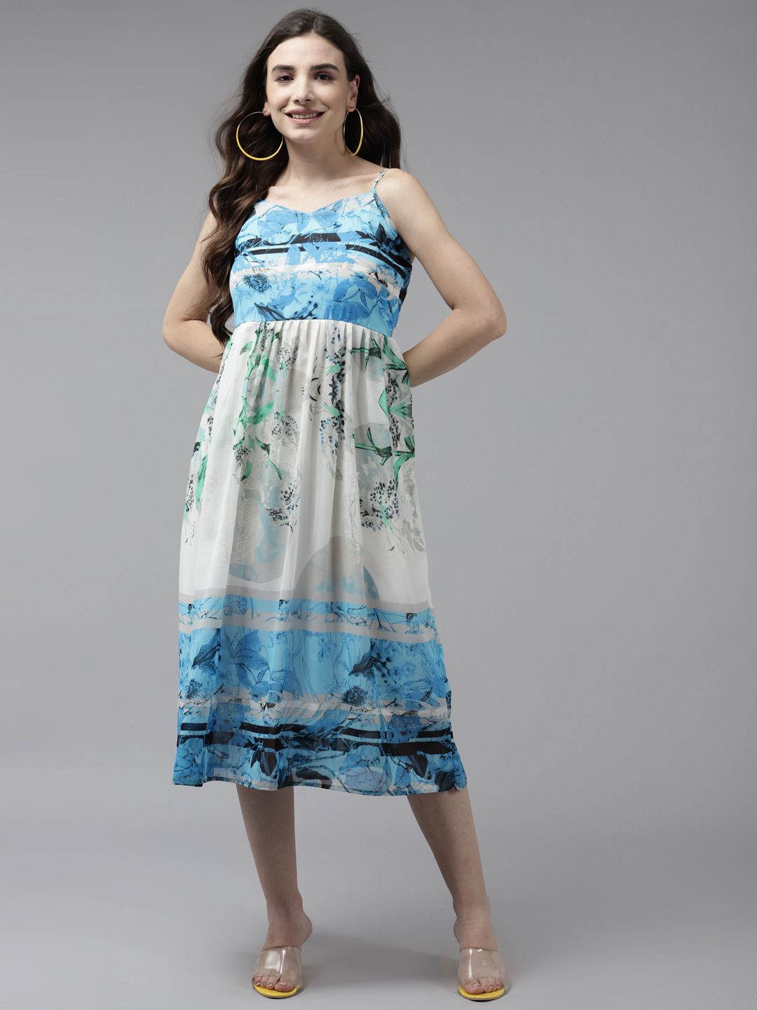 

BAESD Floral Printed Shoulder Straps Georgette Fit & Flare Midi Dress, Blue
