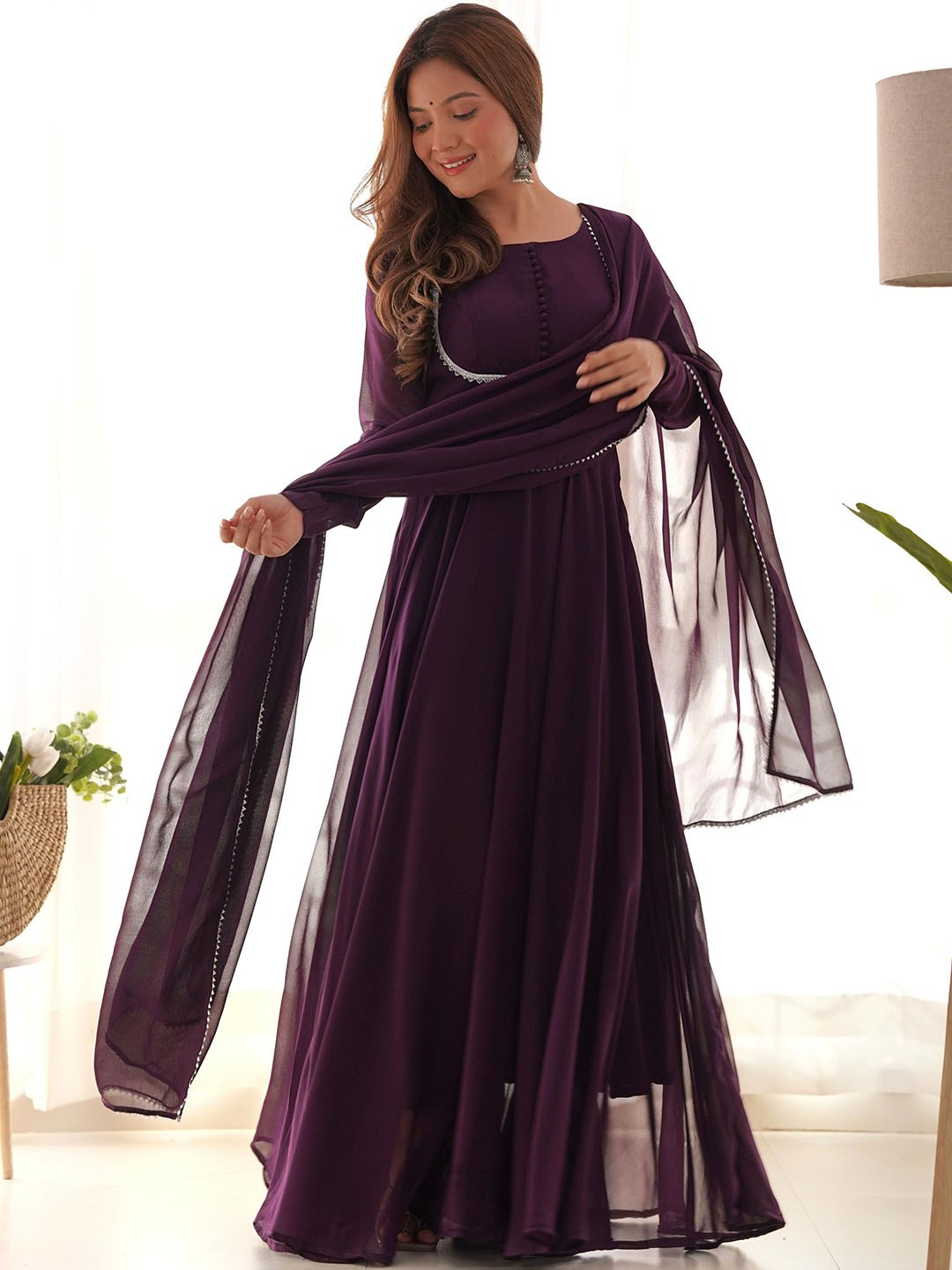 

KALINI Regular Gotta Patti Anarkali Kurta with Trousers & Dupatta, Magenta