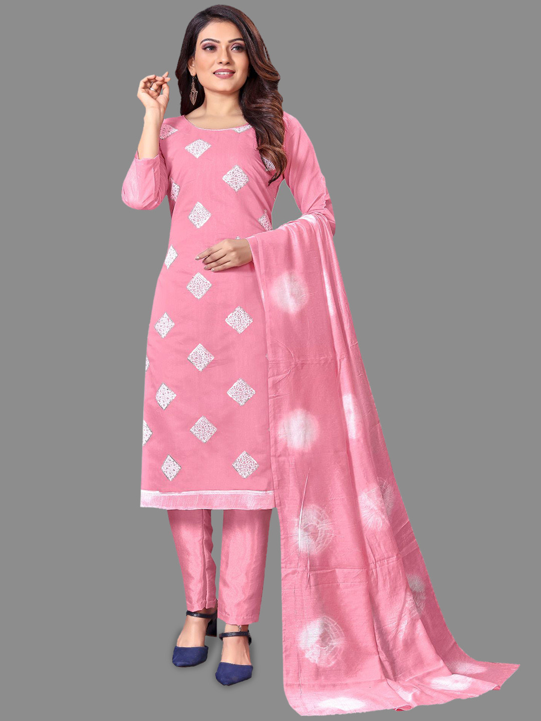 

LADY SHOPI Geometric Embroidered Unstitched Dress Material, Pink