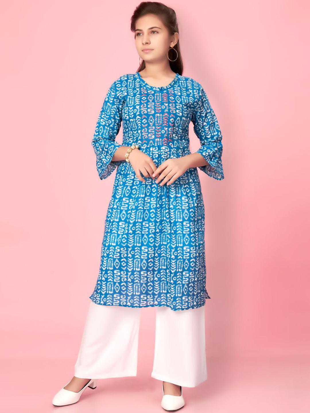 

BAESD Girls Ethnic Motifs Printed Bell Sleeves Cotton A-Line Kurta, Blue