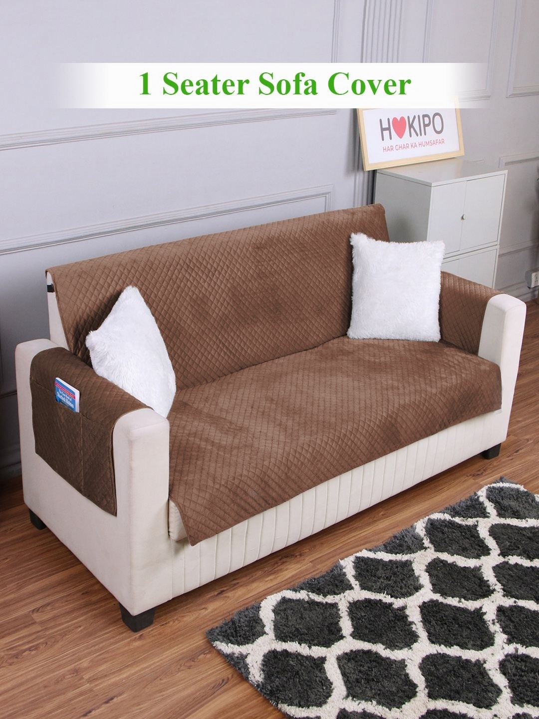 

HOKIPO Brown Quilted Velvet 1 Seater Sofa Mat Cover With Arms
