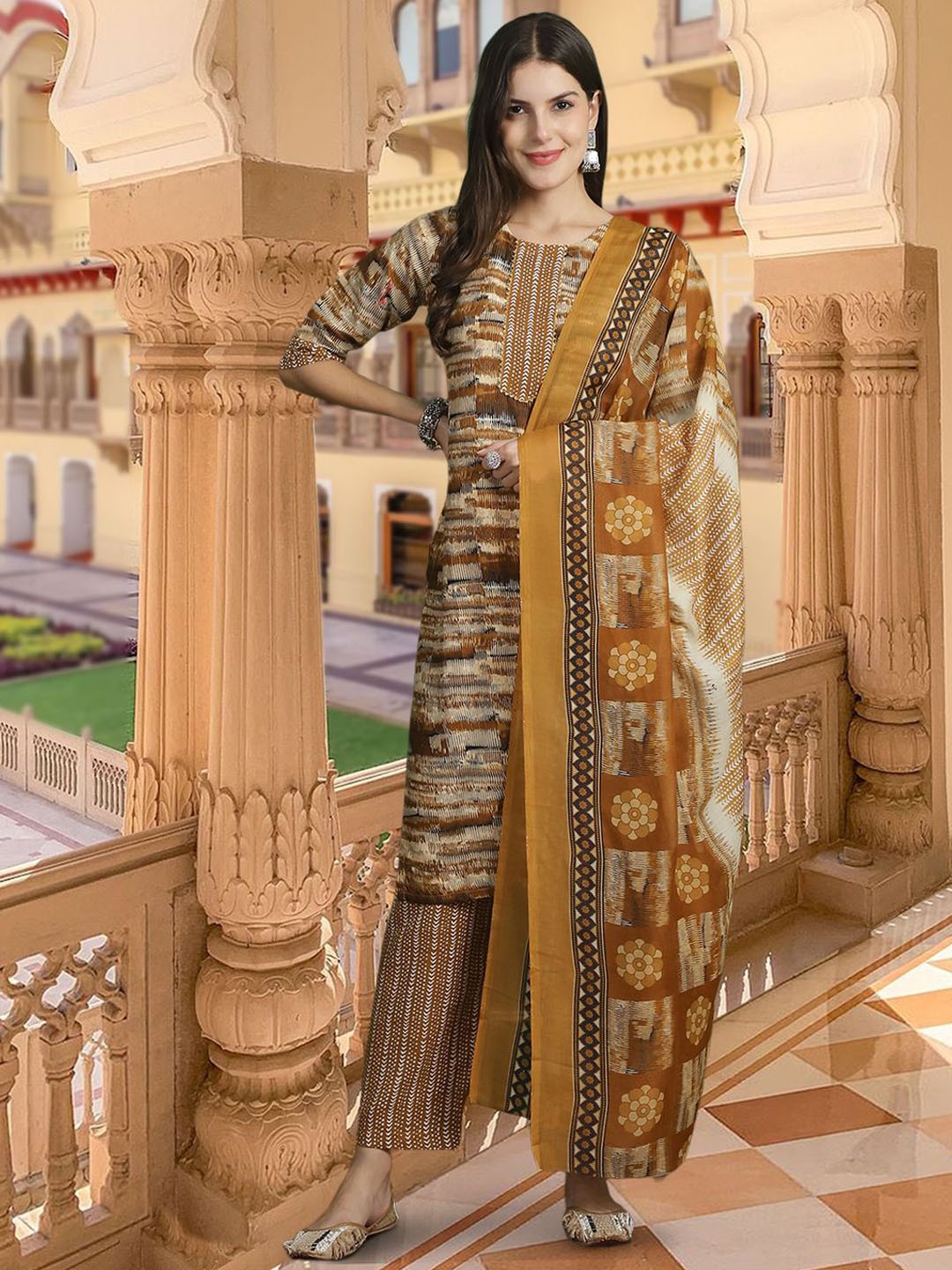 

7Threads Abstract Printed Pure Cotton Straight Kurta With Trousers & Dupatta, Khaki
