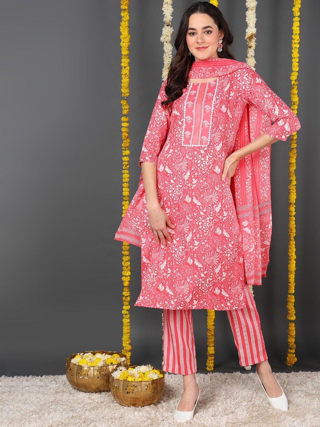 

Anouk Pink Floral Printed Straight Kurta with Trousers & Dupatta