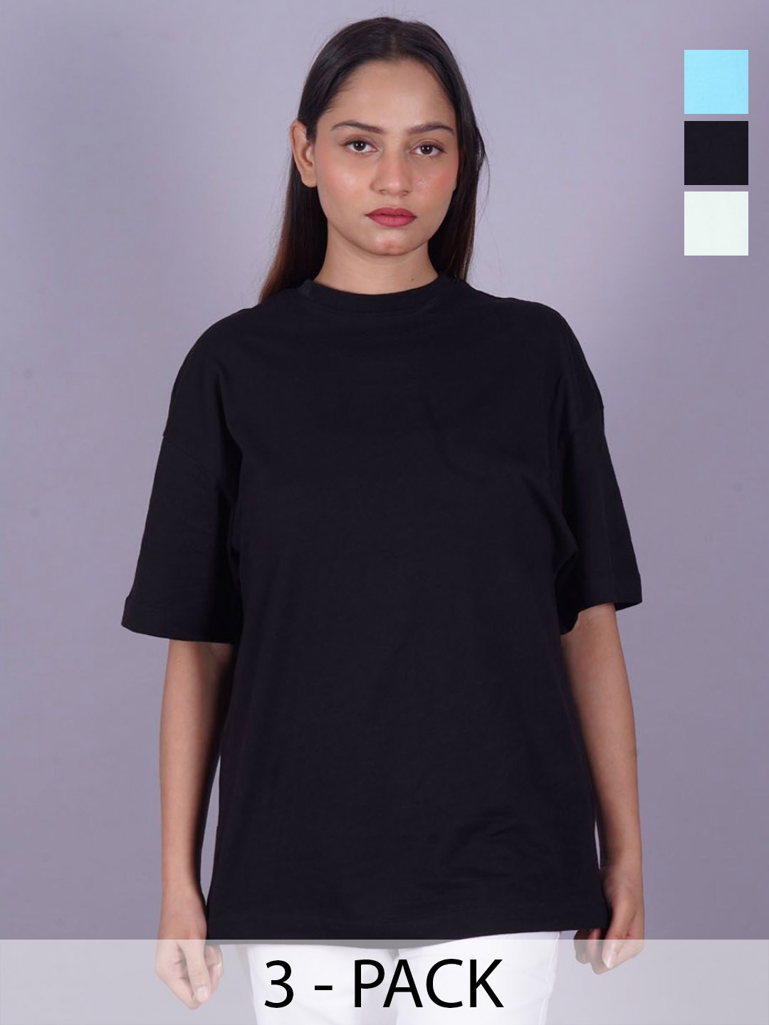 

VYVE Women Pack Of 3 Round Neck Solid T-shirts, Black