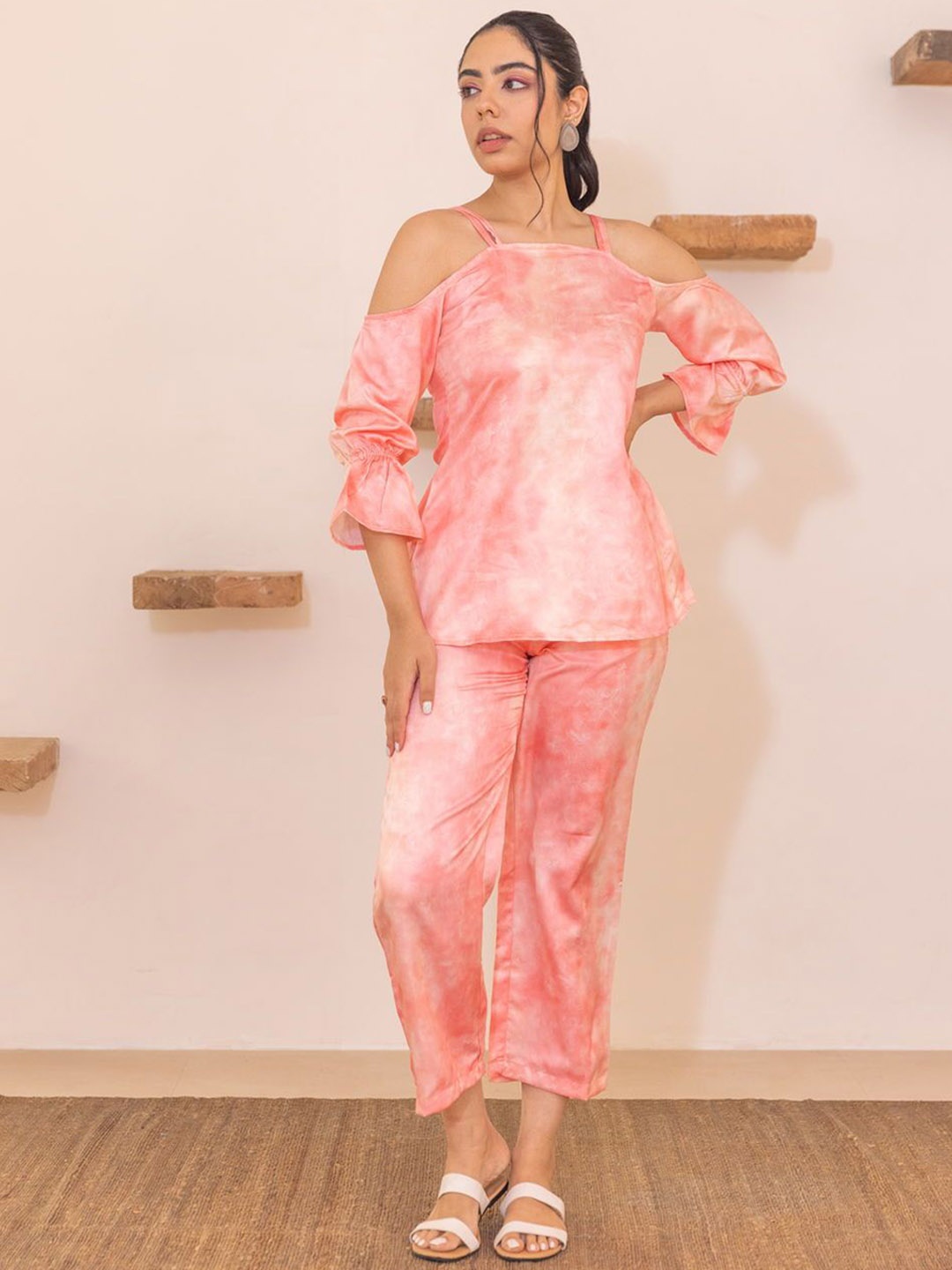 

Polago Clothing Printed Off Shoulder Top & Trousers, Peach