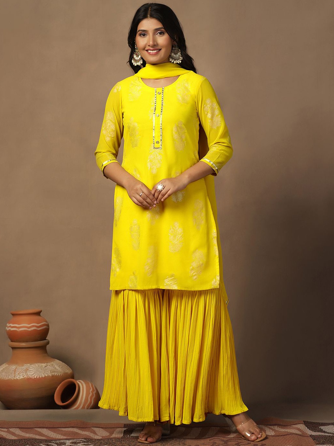 

FASHION DREAM Ethnic Motifs Printed Georgette Straight Kurta with Sharara & Dupatta, Yellow