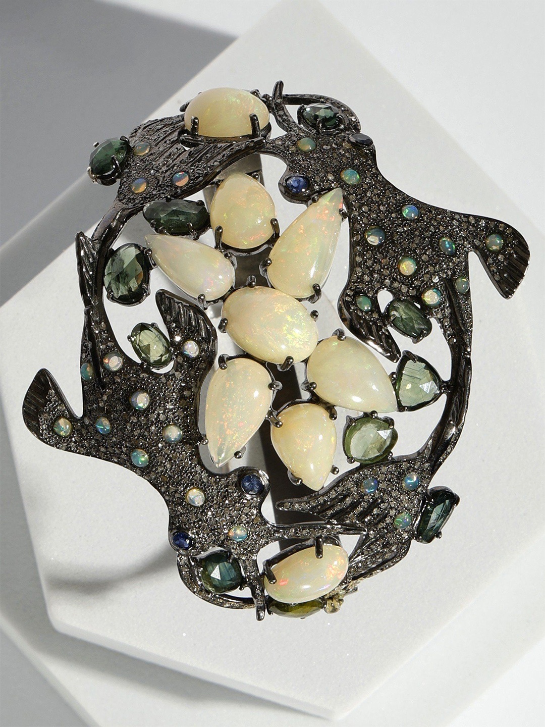 

Exotic India Diamond, White Opal and Tourmaline Stone Designer Flying Fish Bracelet, Silver