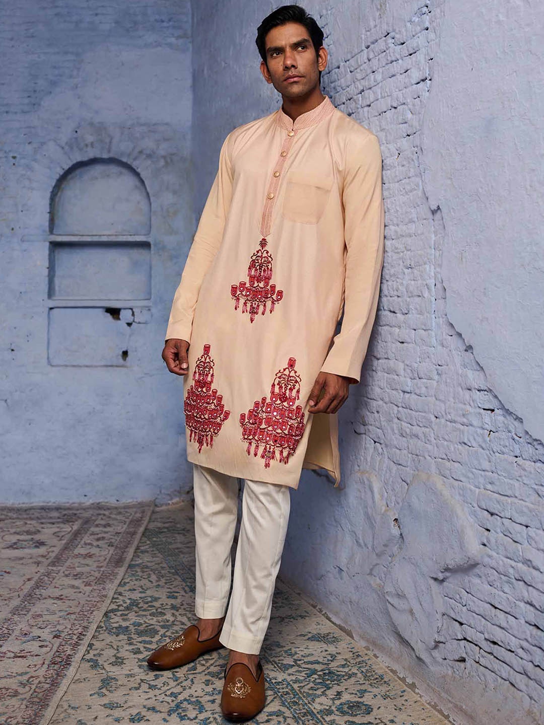 

Agrajain Ethnic Motifs Embroidered Beads and Stones Straight Kurta with Trousers, Nude