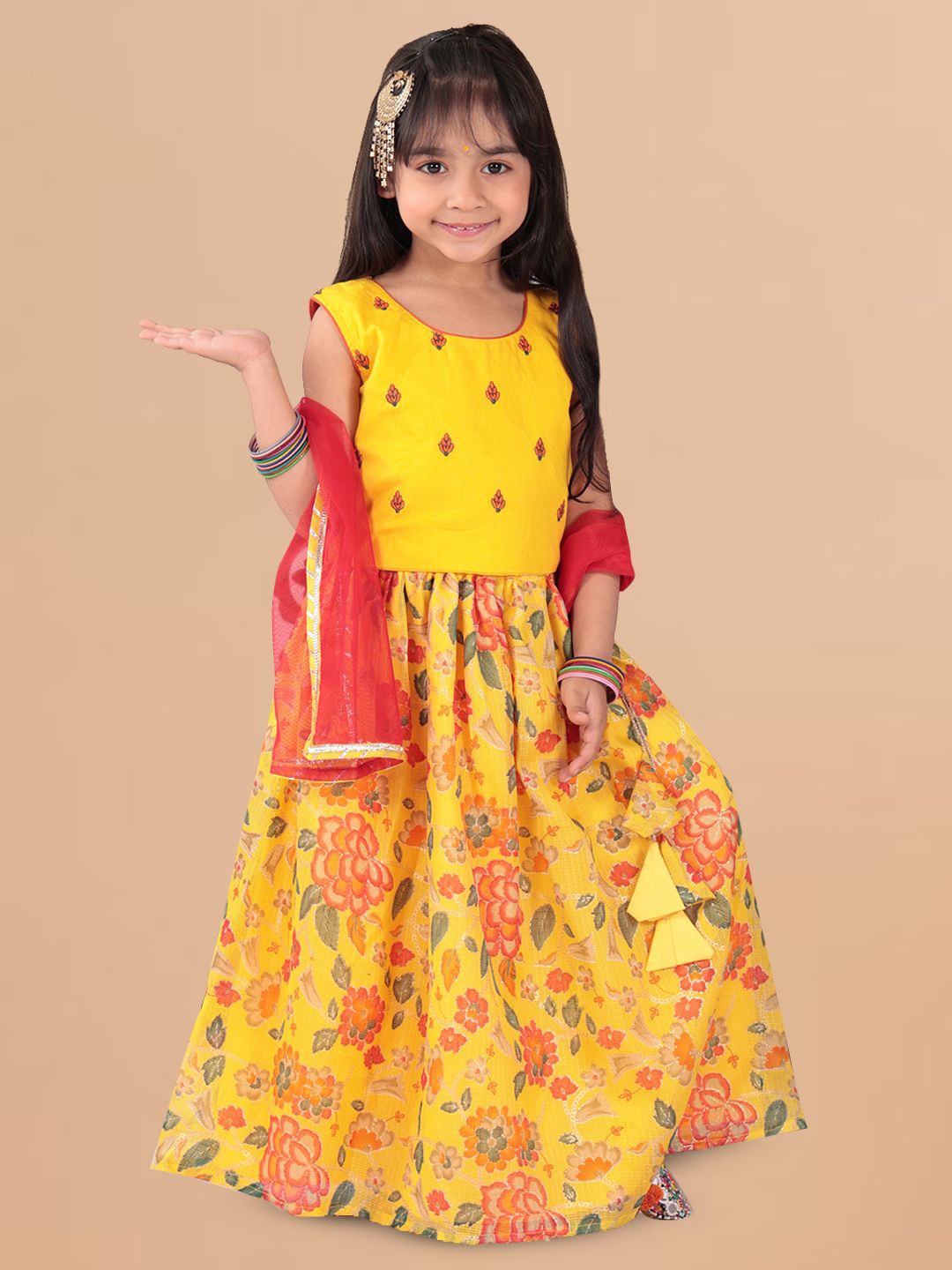 

Sangria Girls Embroidered Cotton Ready to Wear Lehenga Choli With Dupatta, Yellow