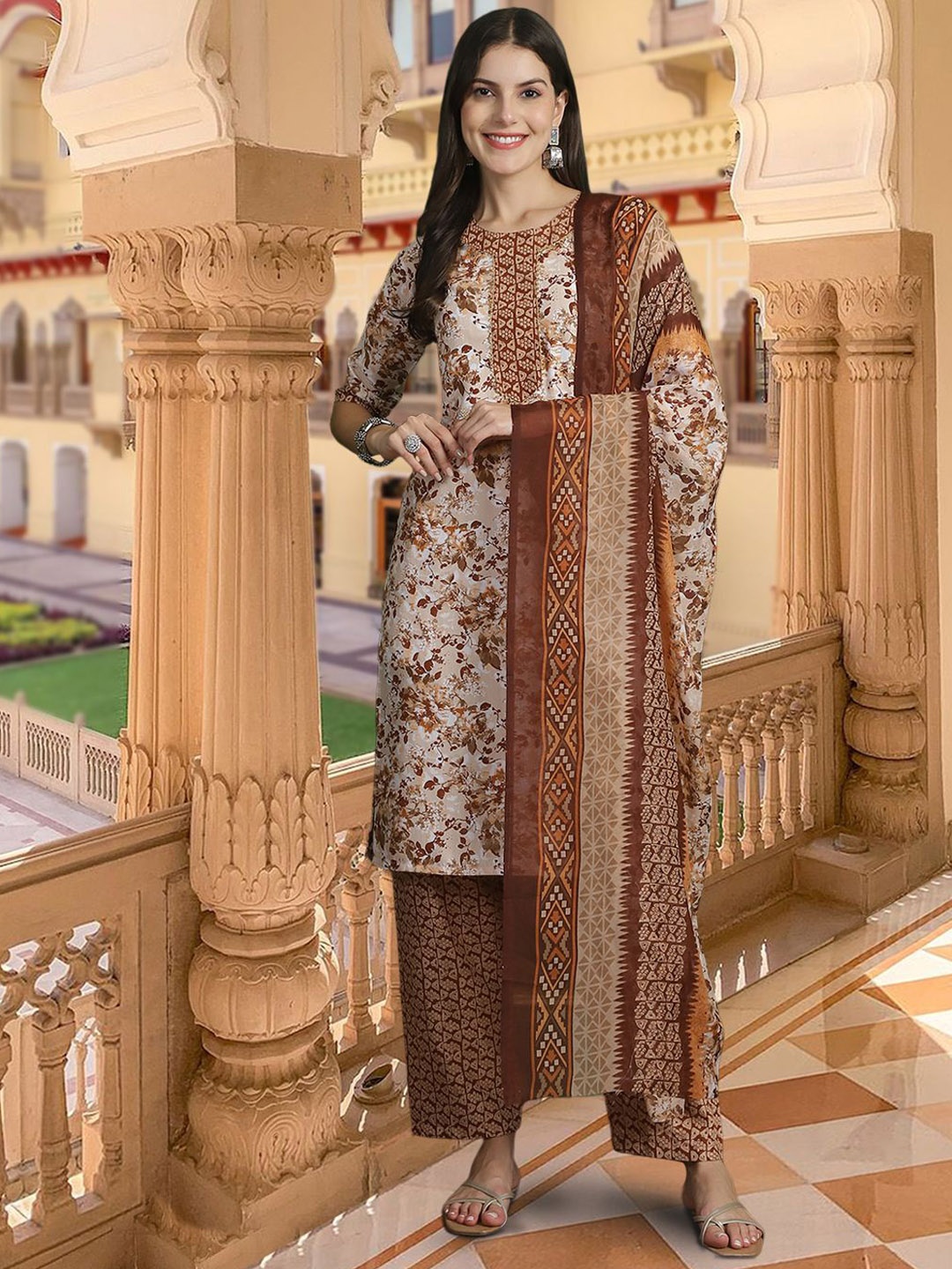 

1 Stop Fashion Floral Printed Regular Pure Cotton Kurta with Trousers & Dupatta, Beige