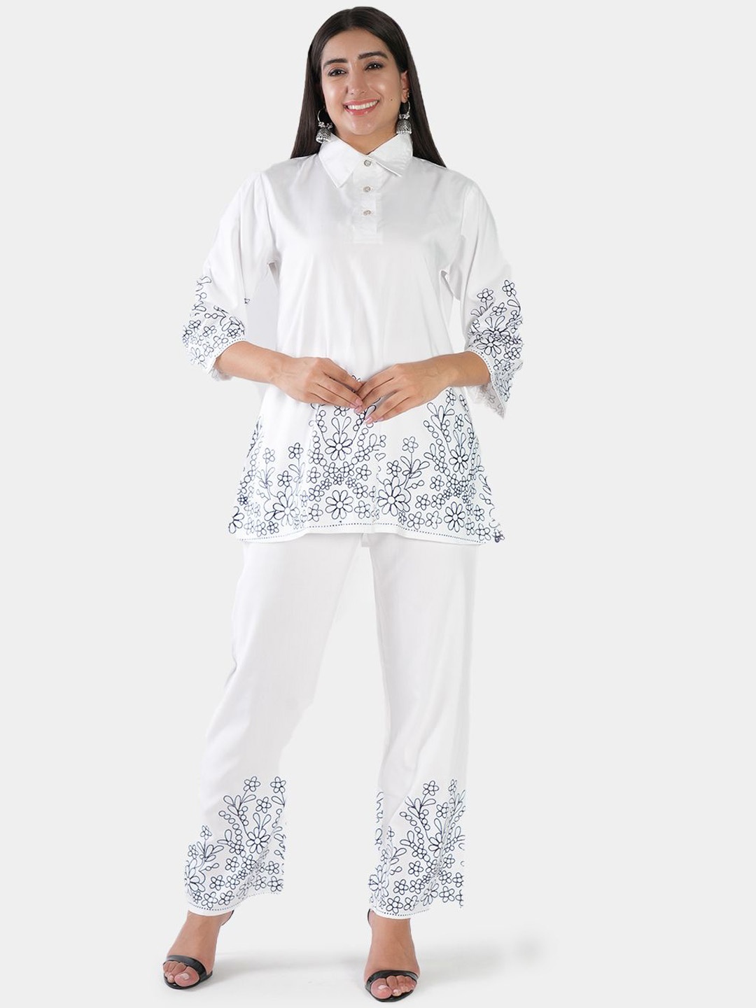 

BAESD Printed Shirt Collar Tunic With Trouser, White