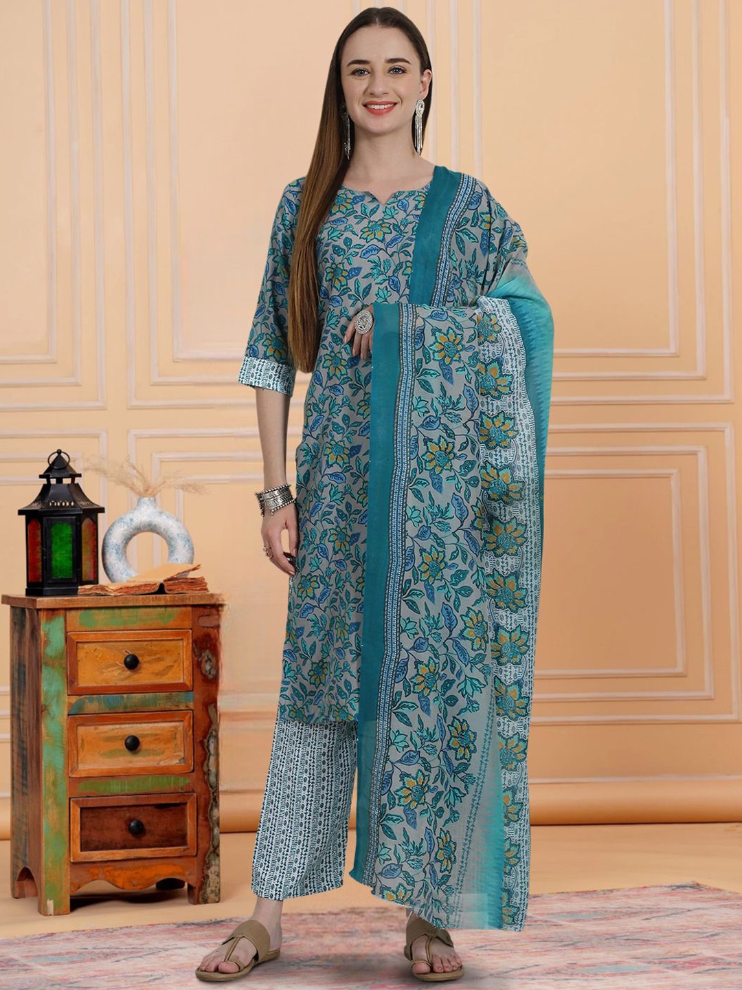 

7Threads Floral Printed Straight Pure Cotton Kurta with Trousers & Dupatta, Grey melange