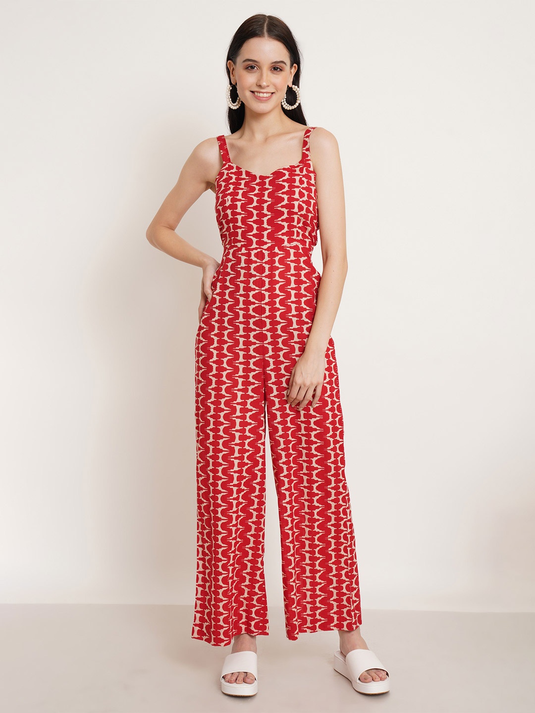 

COTLAND FASHION Printed Shoulder Straps Cotton Sleeveless Culotte Jumpsuit, Red