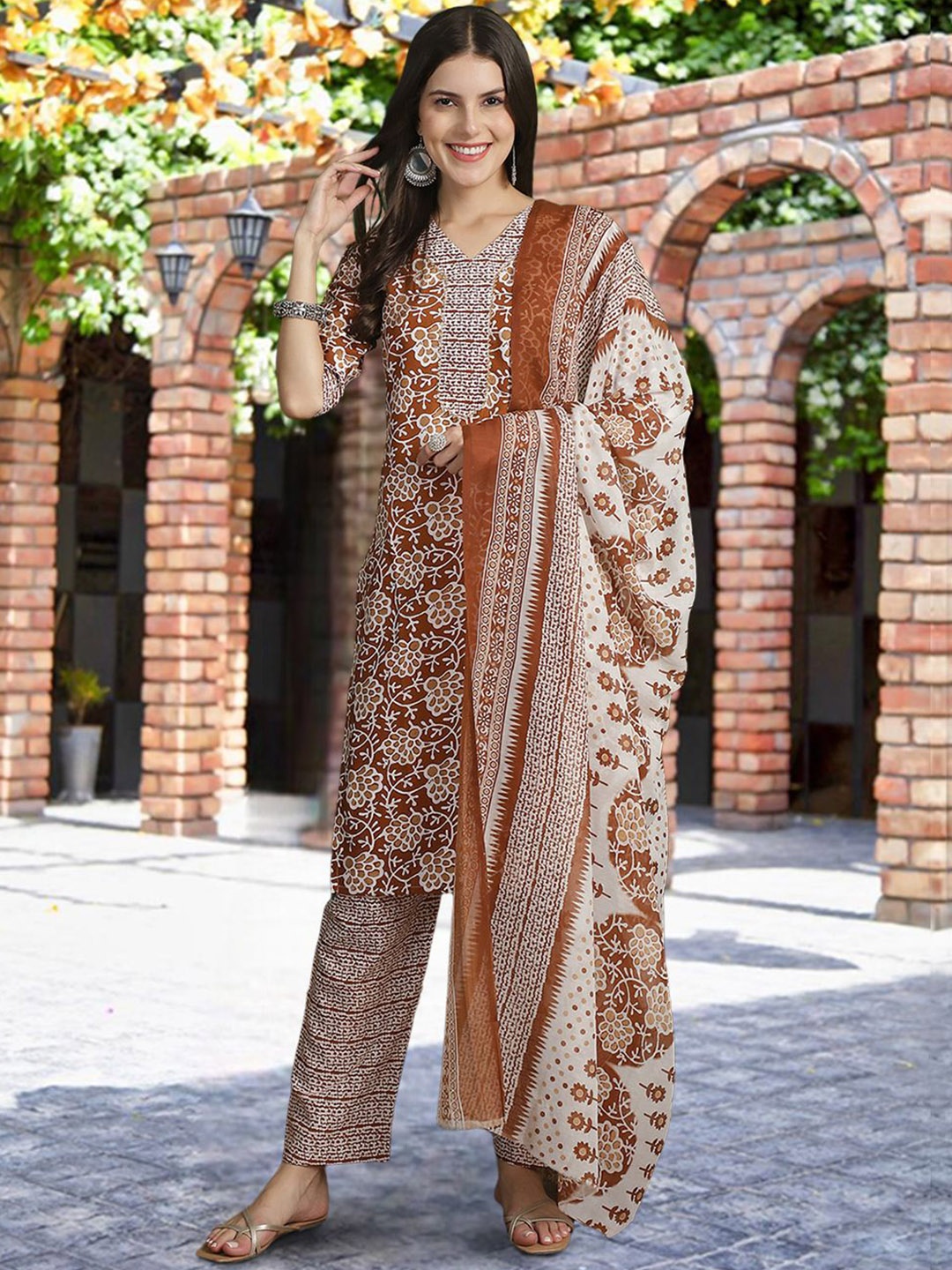 

7Threads Floral Printed V-Neck Pure Cotton Kurta with Trousers & Dupatta, Rust