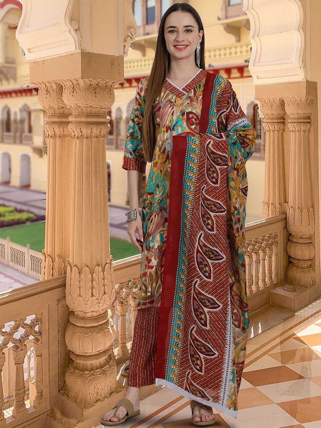 

7Threads Abstract Printed Pure Cotton V-Neck Straight Kurta With Trousers & Dupatta, Mustard