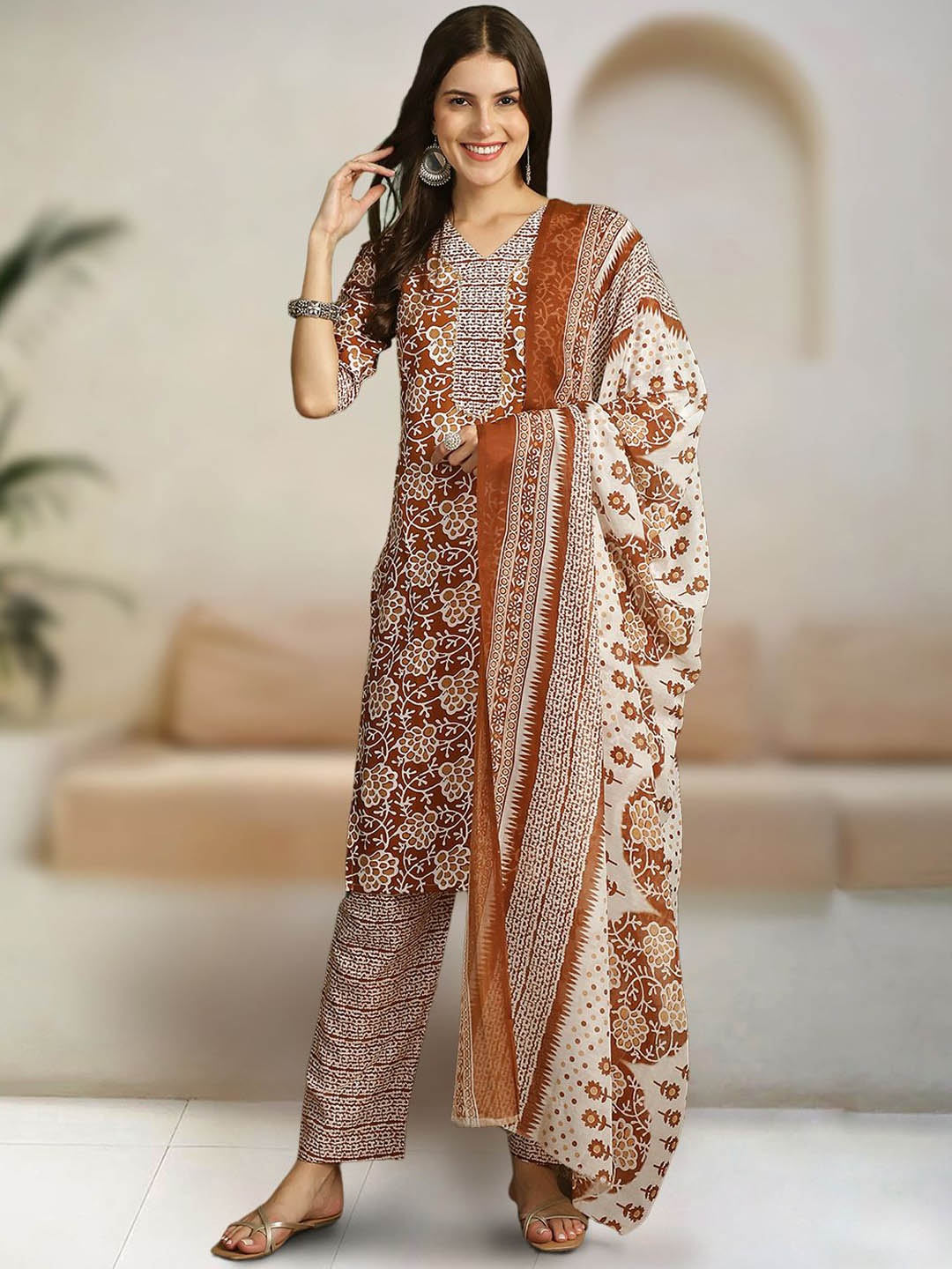 

7Threads Floral Printed Regular Pure Cotton Kurta with Trousers & Dupatta, Rust