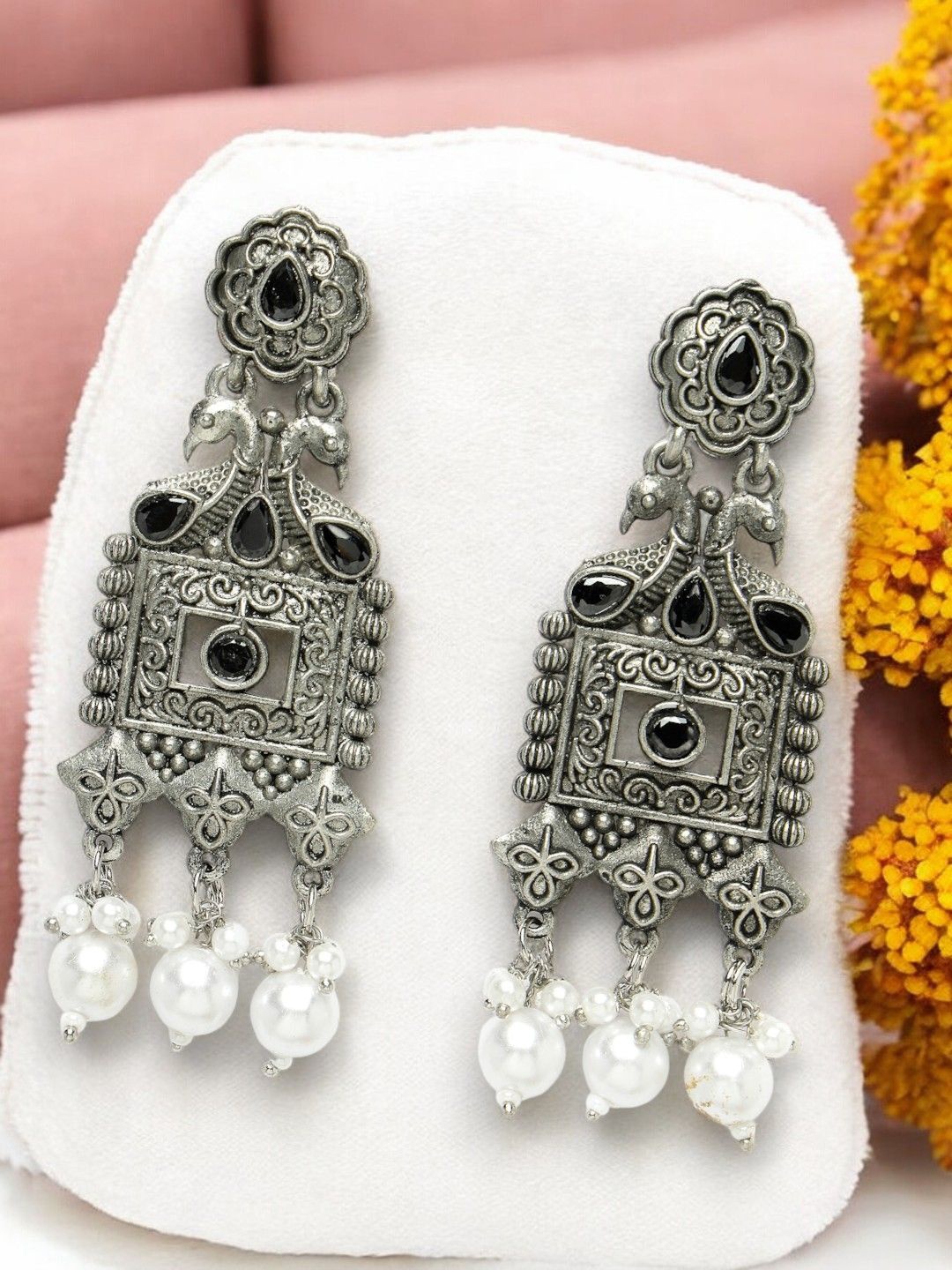 

ADIVA Silver-Plated Stone Studded & Beaded Drop Earrings