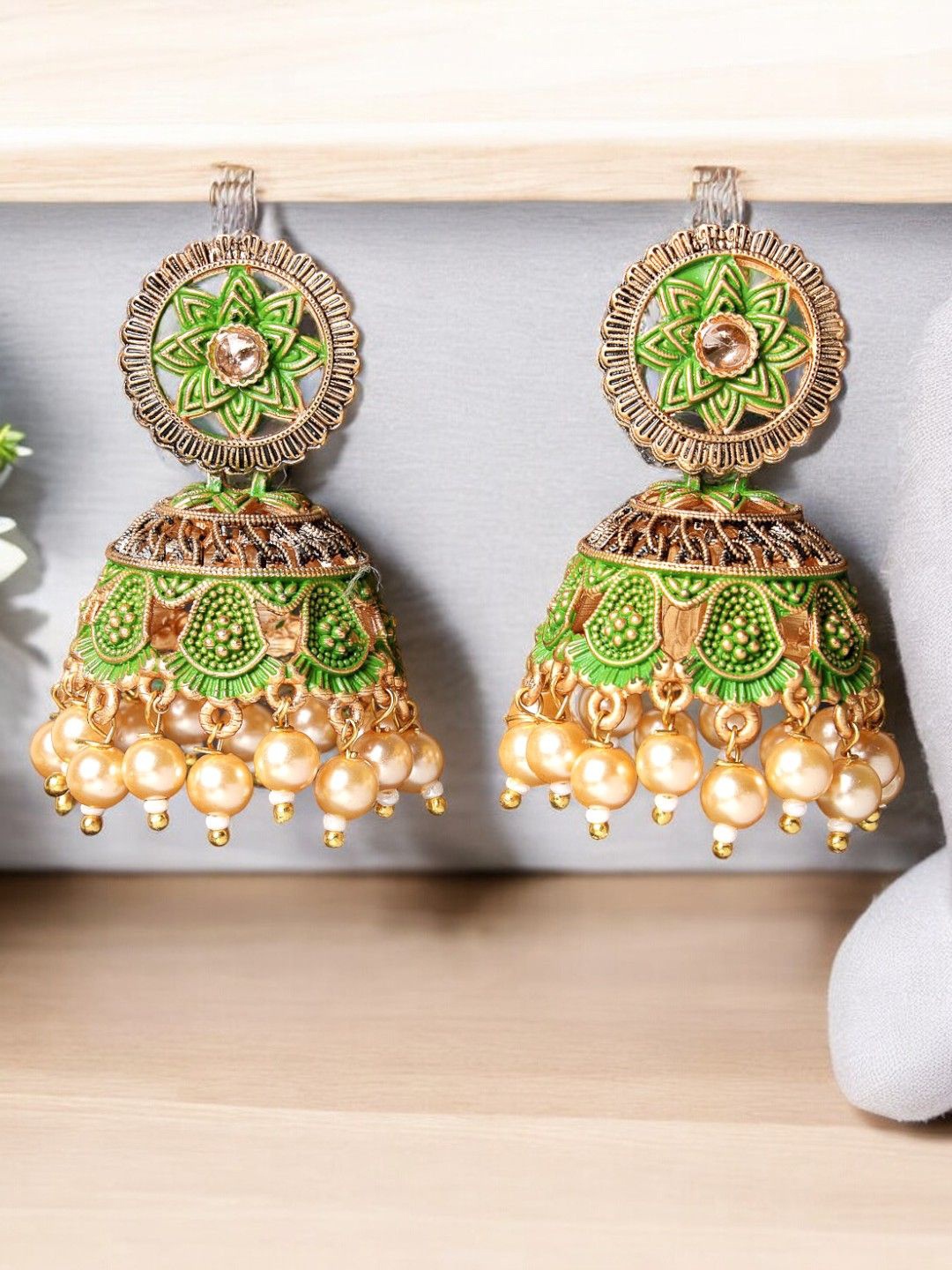 

ADIVA Gold-Plated Pearls Beaded Oxidised Dome Shaped Jhumkas