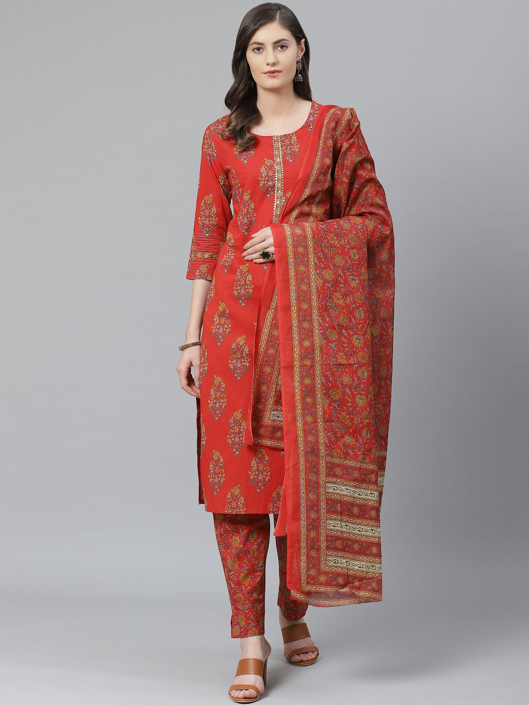

Anouk Ethnic Motifs Printed Round Neck Straight Kurta With Trousers & Dupatta, Red